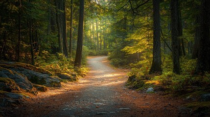 Fototapeta premium A scenic forest trail with two diverging paths, one leading into a sunlit clearing and the other into a shadowy woods.