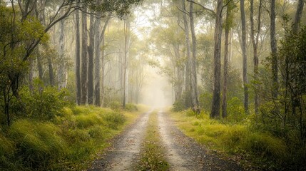 Obraz premium A serene forest path, surrounded by soft light filtering through misty trees, creating a peaceful, ethereal atmosphere.