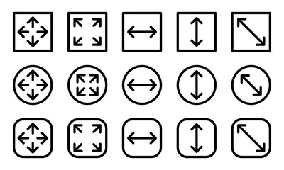 Large big screen display icon set. Compact, scalability, arrow mark, full screen, display screen size inch, Minimize and maximize, small and big display lcd line icons vector isolated illustration.
