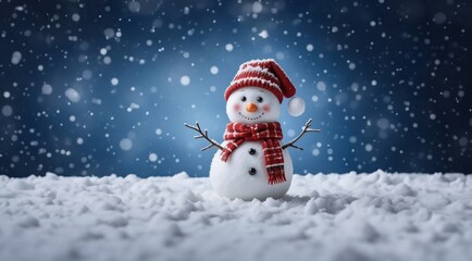 Obraz premium Christmas postcard. Merry christmas and happy new year. Snowman on the snowy winter background. Christmas banner. Winter greeting card.