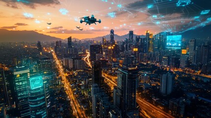 Obraz premium Futuristic city skyline at dusk with drones and network connections.