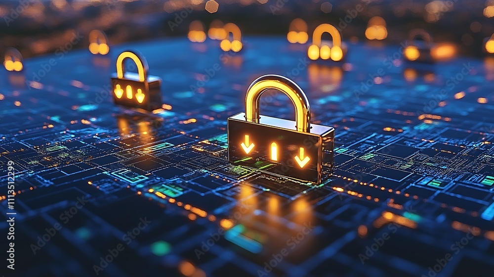 Poster golden padlocks on digital circuit board, symbolizing data security and protection.