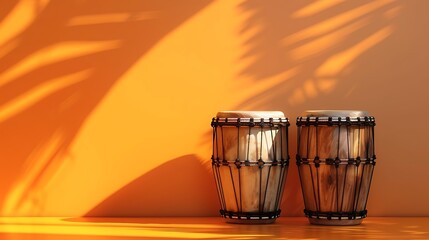 A set of bongo drums against a vibrant orange backdrop