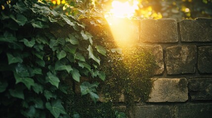 Sunlit Stone Wall with Lush Ivy and Moss