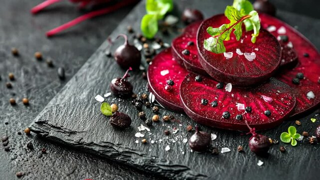 Colorful beetroot salad displaying fresh greens on a textured black slate background during a culinary presentation