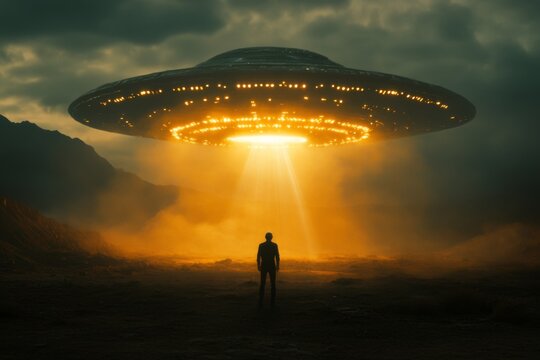 man standing in mountains at night and alien spaceship with lights hovering above the ground 