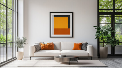Fototapeta premium Frame mockup, ISO A paper size. Living room wall poster mockup. Interior mockup with house background. Modern interior design. 3D render