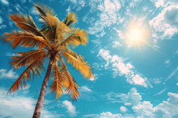 Palm tree against a blue sky with bright sun and clouds. AI generative. .