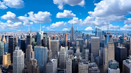 Stunning Aerial View of Modern City Skyline Skyscrapers and Blue Sky
