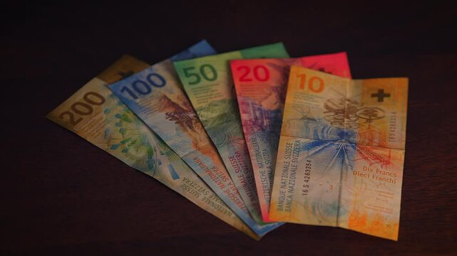 Close up dolly shot showing many different swiss franc banknotes - Cash Money Counting. Swiss Francs Banknotes