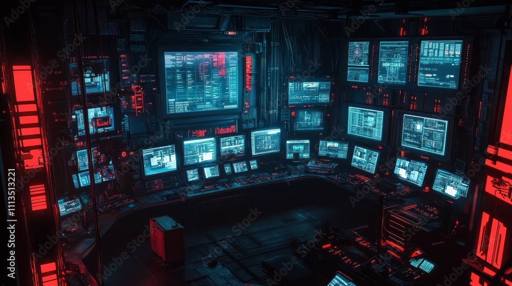 Poster futuristic dark control room filled with many computer screens displaying data and digital informati
