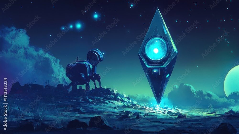 Poster alien robot exploring crystalline structure on distant planet