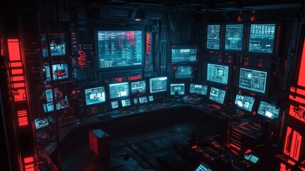 Obraz premium Futuristic dark control room filled with many computer screens displaying data and digital information. Red and blue neon lighting illuminates the room.