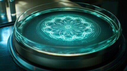 Teal glowing mandala in a glass petri dish