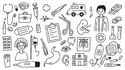 Medical and Healthcare Doodle Icon Set | Hand-Drawn Line Art Illustrations of Doctors, Nurses, Medical Equipment, and Healthcare Tools for Design Projects