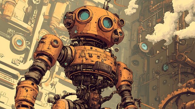 Rusty steampunk robot standing before intricate machinery.
