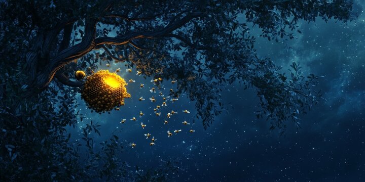 Enchanted Night Scene With Glowing Beehive And Bees Flying In A Mystical Forest Under Starry Sky