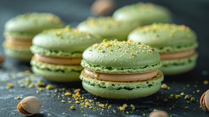 Close-up of green macarons with pistachio filling on a dark background. AI generative. .