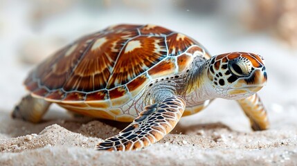 Obraz premium A close-up of a baby sea turtle with a brown and white shell walking on the sand. AI generative. .