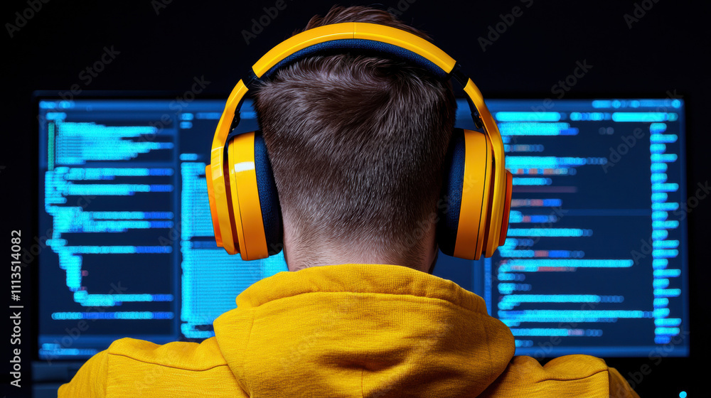 Aufkleber a person wearing a yellow hoodie and headphones is focused on coding, with blue lines of code visibl
