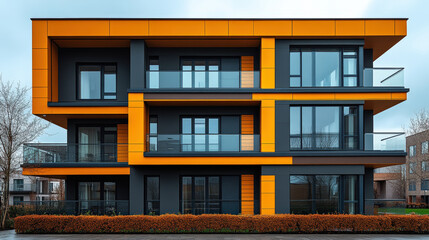 Modern architectural design of a vibrant orange and grey residential building with balconies and large windows against a cloudy sky.