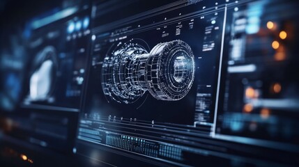 Obraz premium Futuristic digital interface displaying complex technical blueprint of a mechanical component.