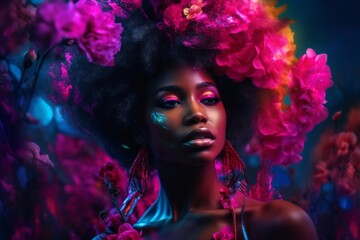 Fototapeta premium A woman with dark skin and afro hair surrounded by pink flowers in a neon glow. AI generative. .