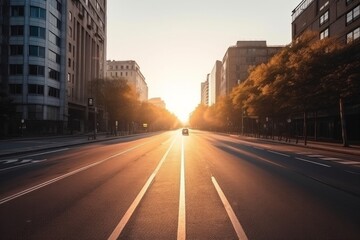 Obraz premium Empty city street with buildings on either side and a single car driving down the middle. The sun is shining brightly in the distance. AI generative. .