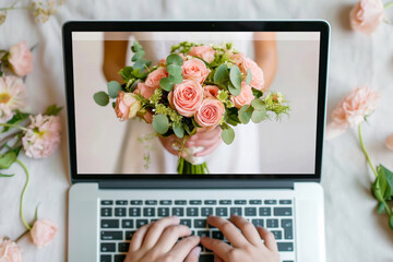 Display of a beautiful floral arrangement on a laptop with a person typing, showcasing a blend of technology and nature in a modern workspace. online ordering of flowers at home