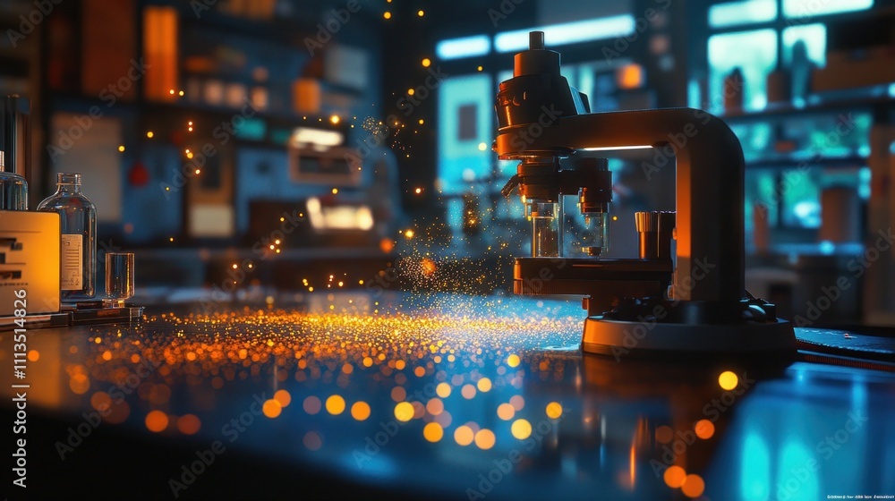 Poster microscope in a laboratory with sparkling dust