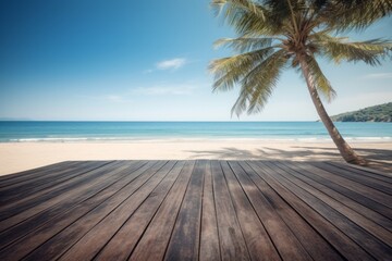 Wooden planks lead to a beach with a palm tree in the foreground and ocean view. AI generative. .