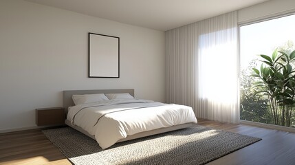Bright and Modern Minimalist Bedroom Design with Large Window and Plant, Featuring a Cozy Bed and Natural Light Illuminating the Space