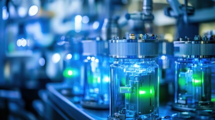 Illuminated Laboratory Equipment Glowing Green Blue