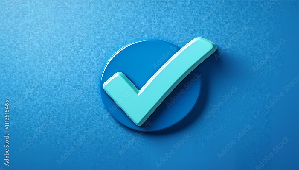 Poster a blue circular button featuring a light blue checkmark, symbolizing approval or completion against 