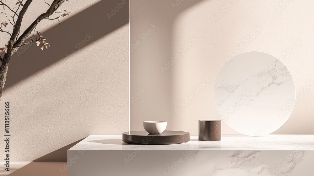 Poster minimalistic and realistic showcase with elegant objects in soft lighting and neutral colors