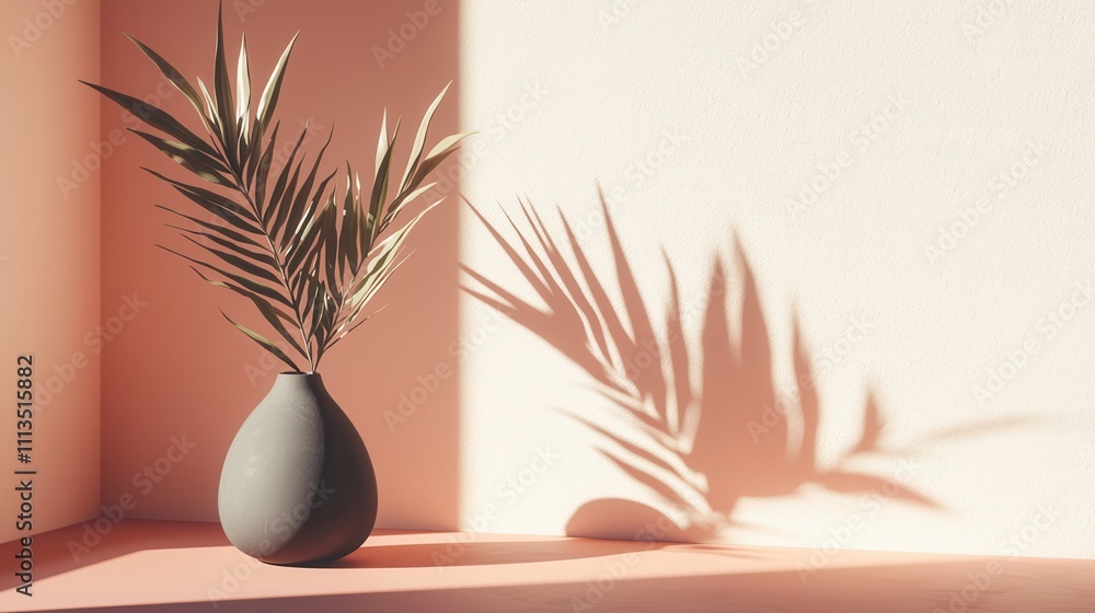 Poster minimalistic vase with leaves casting shadows in a soft natural light environment