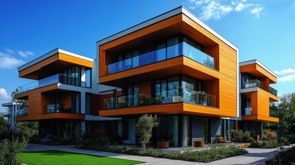 Fototapeta premium Modern three-story residential building with wooden facade and large glass windows surrounded by green landscape under clear blue sky