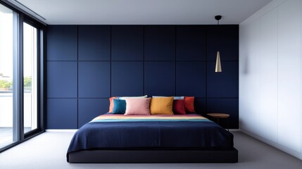 Modern Stylish Bedroom Interior with Colorful Accent Pillows on Bed, Minimalist Design, Natural Light, and Contemporary Wall Art in Elegant Space