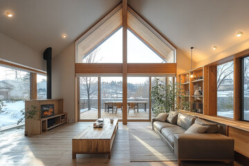 Fototapeta premium Modern Wooden Cabin Living Room With Large Windows