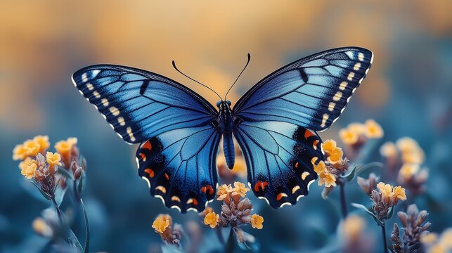 Vibrant blue butterfly resting on yellow blossoms in a lush spring garden