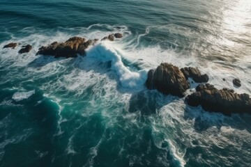Aerial view of ocean waves crashing against rocks. AI generative. .