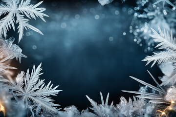 New Year's Eve card: Dark blue New Year's background with snow-covered branches and snowflakes, with empty space in the center