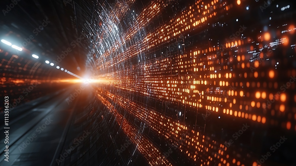 Poster abstract digital tunnel with glowing orange data streams.