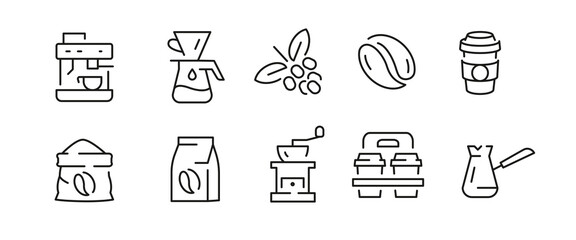Coffee icons. Set of 10 coffee trendy minimal icons. Coffee grinder, Espresso machine, Coffee cup, French press. Design signs for web page, mobile app, packaging design. Vector illustration.