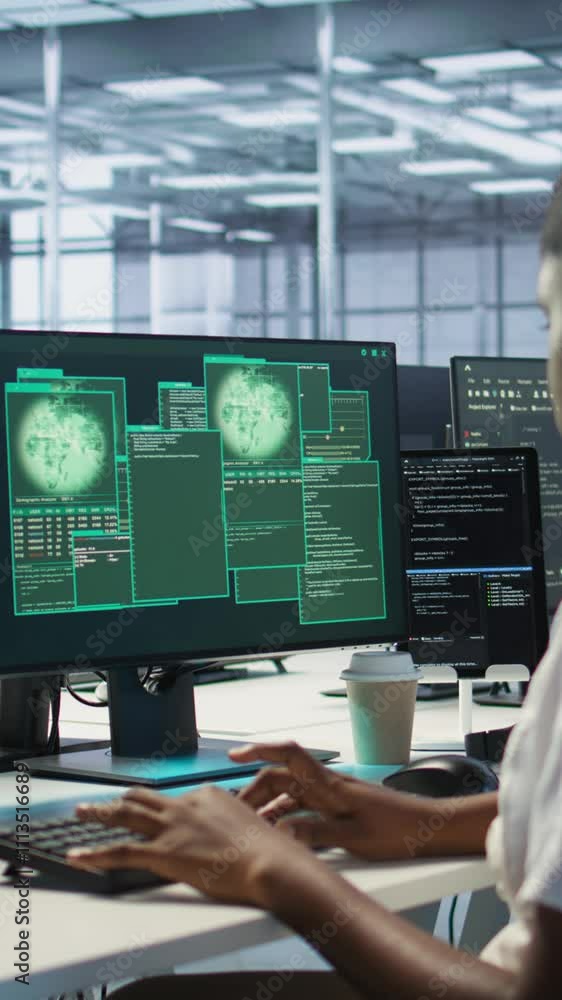 Poster vertical video team of engineers in server hub trying to protect gear from hacker stealing sensitive