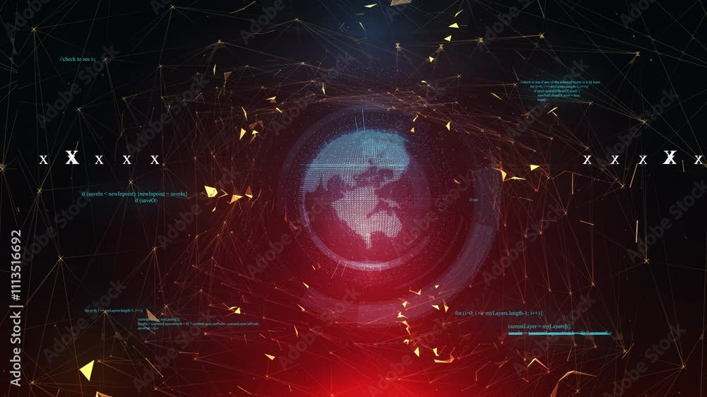 Poster a futuristic technology background featuring a rotating globe with glowing continents and digital el