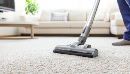 bright and airy living room with person vacuuming carpet, creating clean and fresh atmosphere. room features comfortable sofa and large window allowing natural light