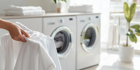 person folding freshly laundered clothes in bright, modern laundry room with sunlight streaming in, creating serene atmosphere. room features washing machine and dryer