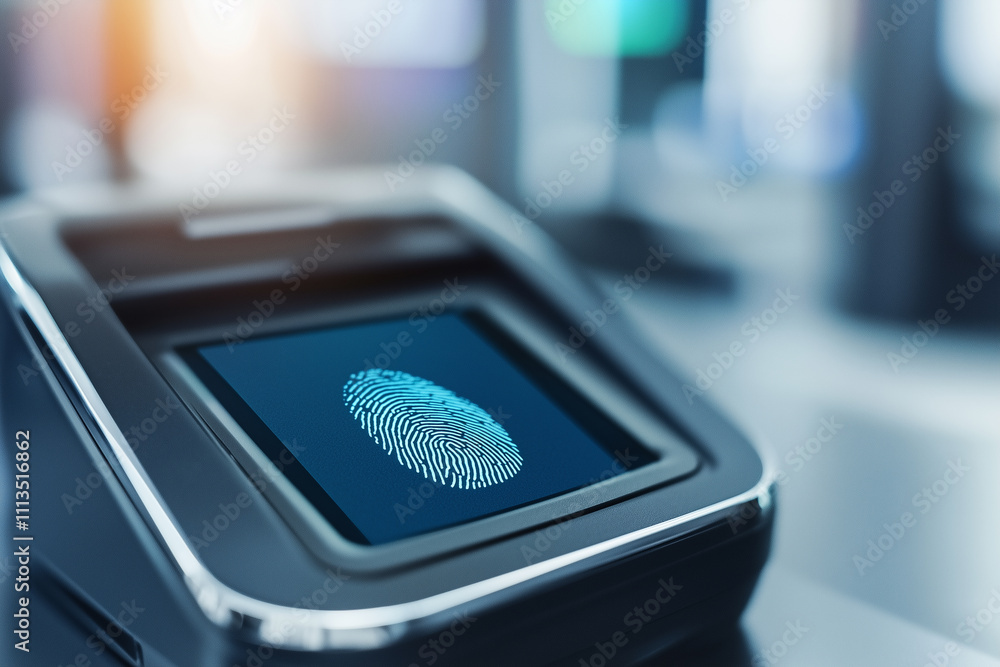 Poster close up of fingerprint scanner on digital device, highlighting its sleek design and advanced technology in modern setting