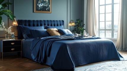 Obraz premium Elegant navy blue bedroom with luxurious bedding and modern decor accents